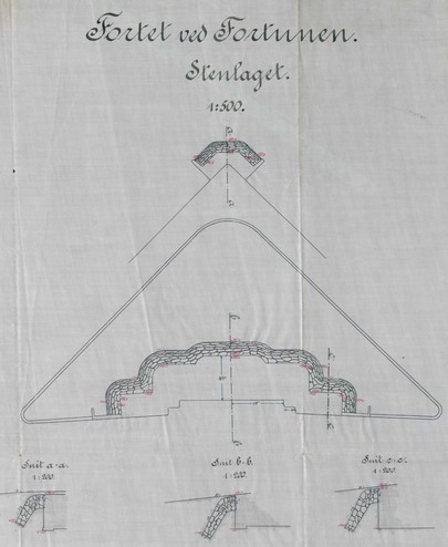 Tegningen viser placeringen af stenlagene på Fortunfortet. Uddrag af tegning fra Rigsarkivet.