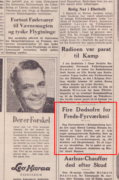 Fortunfortet. Aarhus Stifttidendes omtale af fyrværkeri-ulykken på Fortunfortet d. 5. maj 1945.