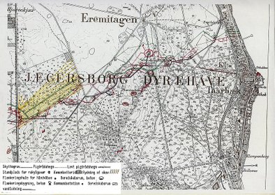 Dyrehavestillingen 1916. Kortet viser med rødt skyttegravs-linjerne gennem Dyrehaven fra Fortunfortet til Øresund. Lyngby-Taarbæl Stadsarkiv.